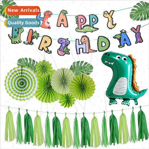 Cartoon dinosaur balloon theme set pull flag paper fan flowe