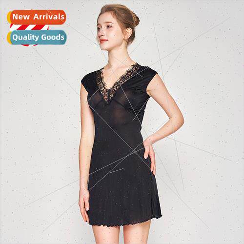 Summer pajamas thin mulberry silk knted V-neck nightgown fem
