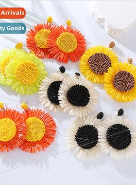 Europe handmade knted earrings raffia sunflower large flower