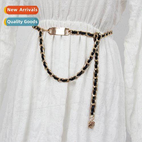 French retro chain waist chain women dress leather splicing