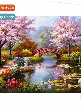 New spring flowers lotus pond garden cross stch bridge lands