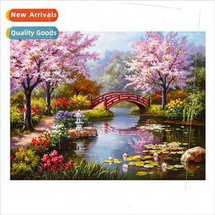 lotus pond bridge spring lands stch flowers cross New garden