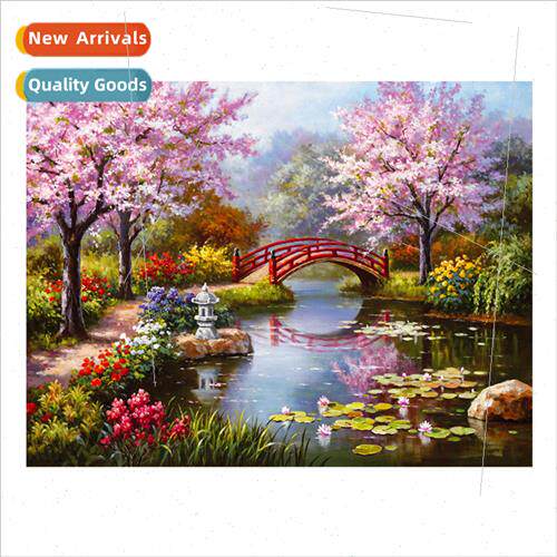 New spring flowers lotus pond garden cross stch bridge lands