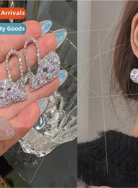 925 silver pin full diamond zirconia hollow heart earrings f