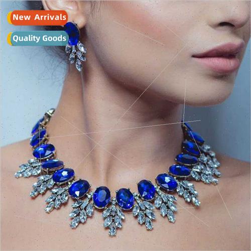 Elegant Sapphire Necklace Set Super Shiny Glass Crystal Earr