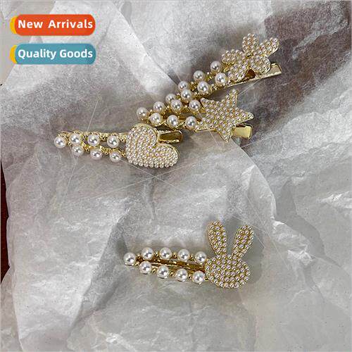 ins pearl flowers bunny hair clips female bangs duckbill cli
