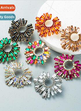 Europe alloy inlaid colorful rhinestone sunflower earrings f