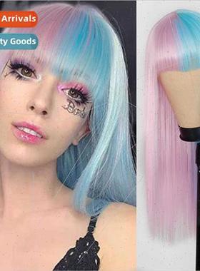 Europe fashion wig Qi bangs pink blue two-color cosplay long