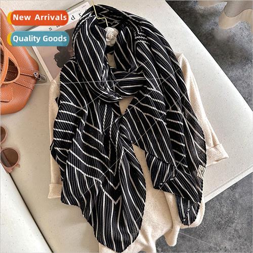 Korean  striped pleated cotton scarf female winter warm neck