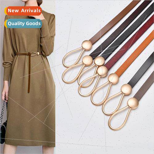 Cowhide thin belt women  leather knot water drop buckle deco