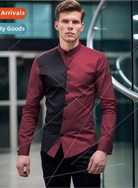 Men 2023 fall new long-sleeved shirt men Henry collar Slim m
