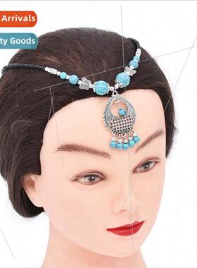 Ethnic headdress lake blue turquoise tassel ehead hairband b