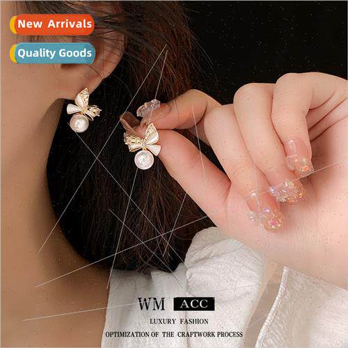 silver pin zirconia pearl bow earrings niche minimalist earr