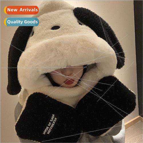 Puppy cute plush hat scarf all-in-one female fall winter car