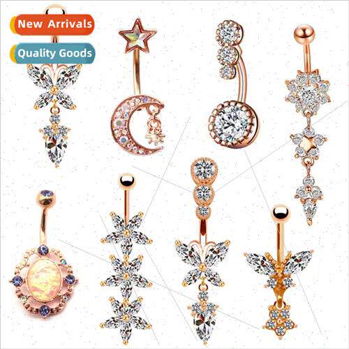 Europe Butterfly Pendant Zirconia Belly Button Ring Pink Gol