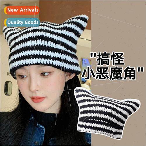 cute striped imp cat ears wool cap female fall winter warm w