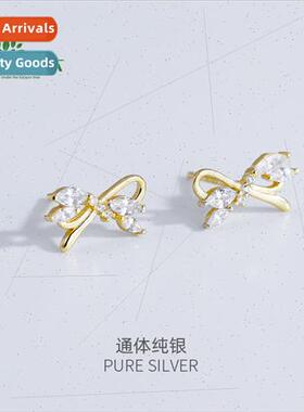 S925 silver exquise zirconia hollow bow earrings cute Mori s
