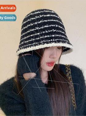 Autumn winter hat female plush bucket hat color blocking str