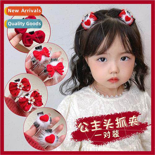Children plush love heart hair clips children bow grab clip