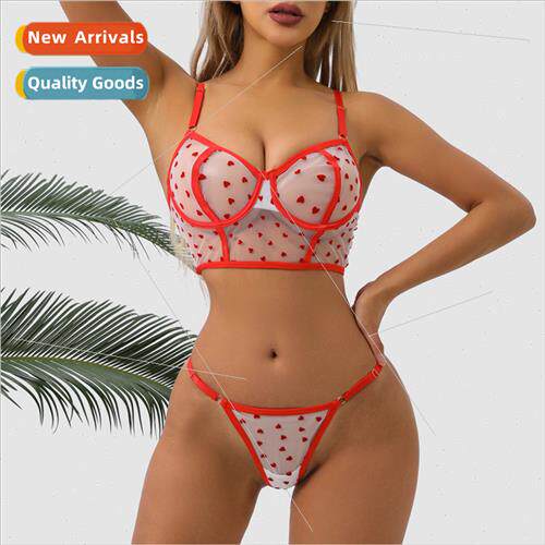 New bra love flocking mesh erotic lingerie set