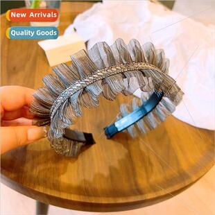 Full diamond mesh ruffled wide edge headband French rhinesto