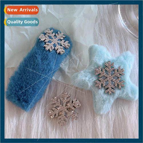 Blue Christmas hair clips rhinestone snowflake plush clip pl