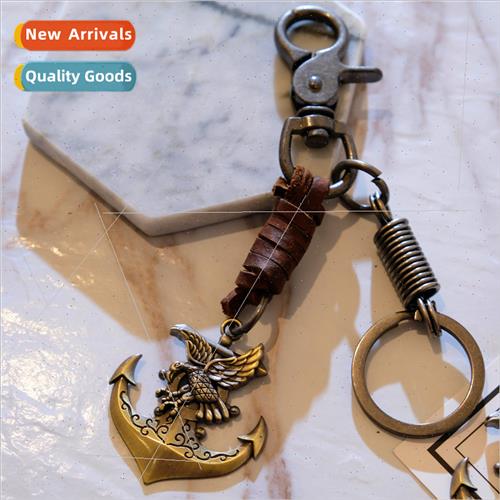 Mixed men vintage cowhide keychain alloy flying eagle decor