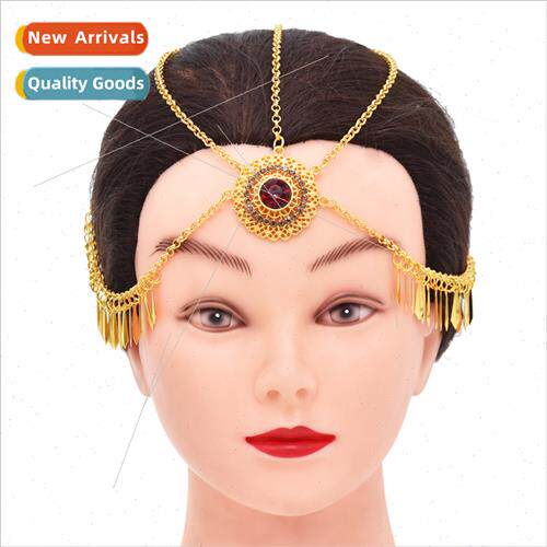 Bohemian ethnic gold carved zirconia tassel ehead chain phot