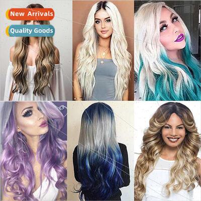 Women medium long curly hair new gradient big wave wig Europ