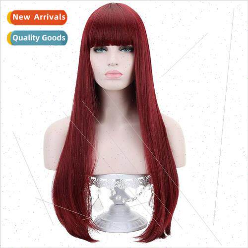 Europe long burgundy flush bangs wig head set wigs chemical