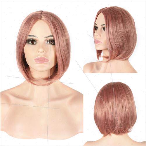 Europe wig female center parted bangs lotus root pink fluffy
