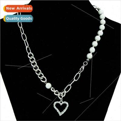 Ins stainless steel heart necklace pearl asymmetric splicing