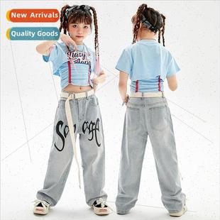 Girls Hip Denim Dance Long Set Costume Summer Jazz Hop