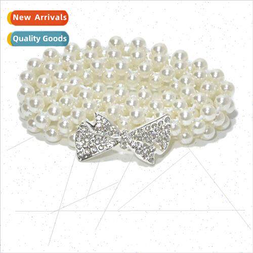 Women pearl elastic thin belt fashion sweet rhinestone inlai