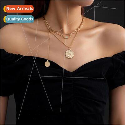 Europe Queen Elizabeth Round Plaque Pendant Necklace ins Vin