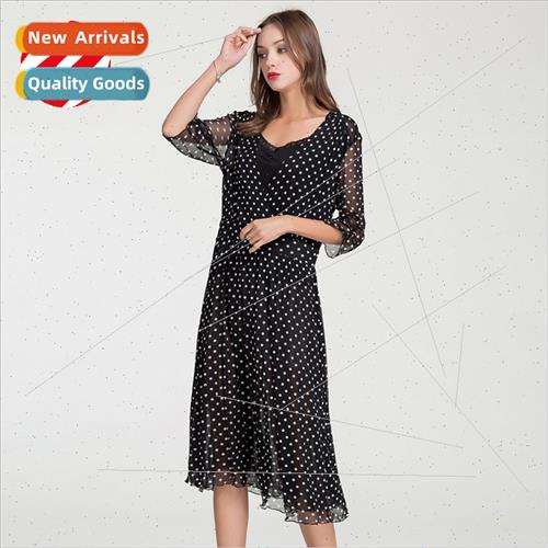 High-grade mulberry silk silk mesh dress women printed V-nec