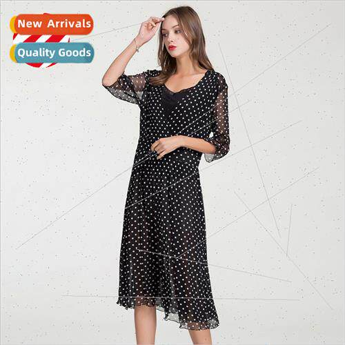 High-grade mulberry silk silk mesh dress women printed V-nec