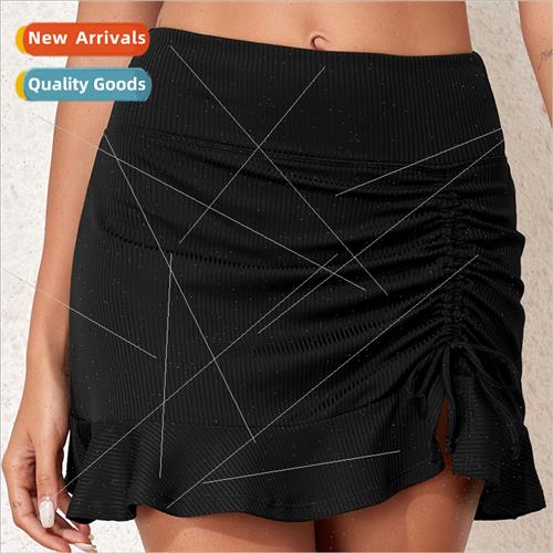 summer new womens swim trunks solid color high waist pleated