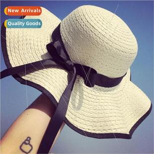 female wave sun brim large summer hat straw bow Korea