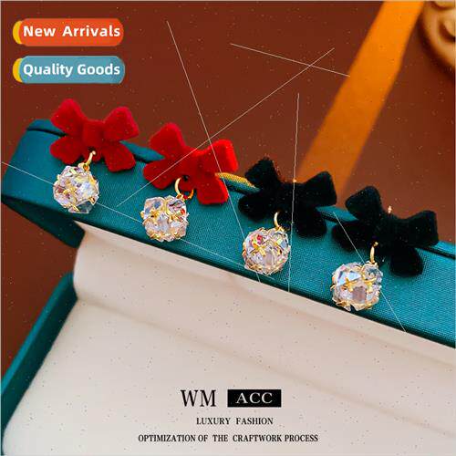 lver needle round ball zirconia velvet bow earrings retro hu