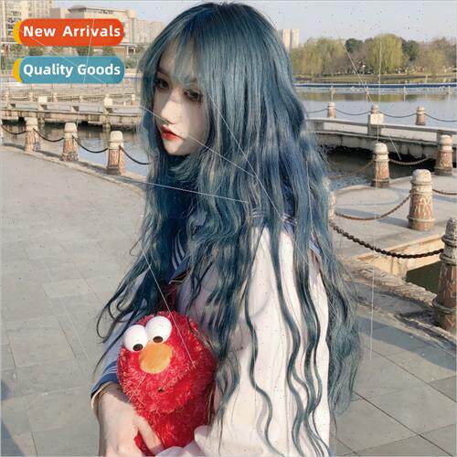 Wig female smoky gray blue corn perm long curly hair cute wo