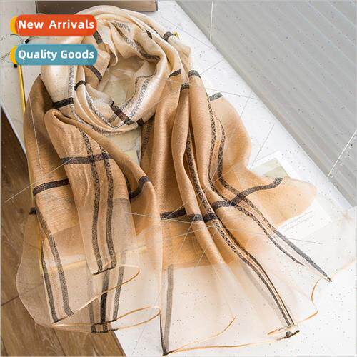 Spring Autumn new gold silk checkered large shawl female Kor