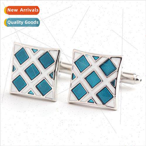 Square blue white striped lacquer cufflinks oil drip coating