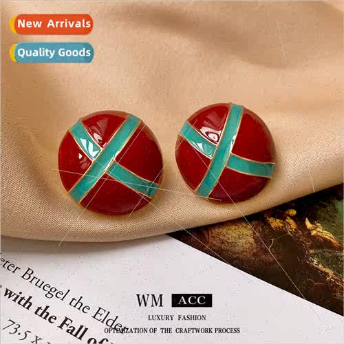Vintage Silver Needle Striped Oil Drip Circle Stud Earrings