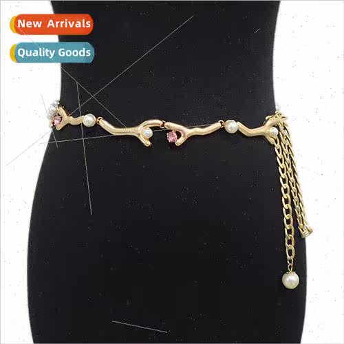 Women Belt Casual Coral Branch Rhinestone Set Ruby Pearl Met