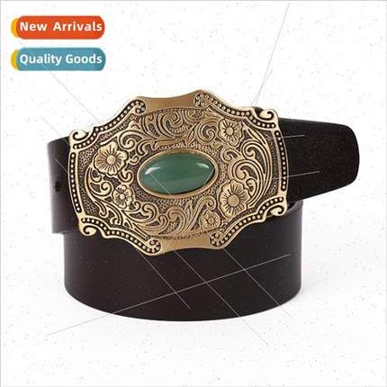 New Tang Cao copper buckle inlaid jade men leather belt Deco