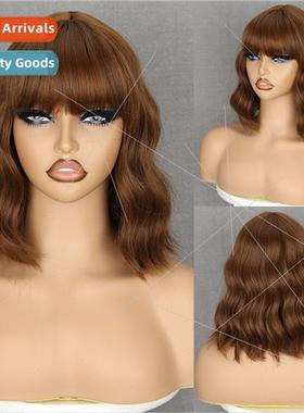 Europe wig brown bangs long wavy chemical fiber high tempera