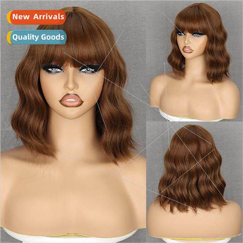 Europe wig brown bangs long wavy chemical fiber high tempera