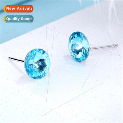 Korea K9 material crystal blue simple silver pin earrings an