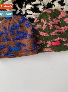 Cool tugging color clashing leopard jacquard kn hat women au